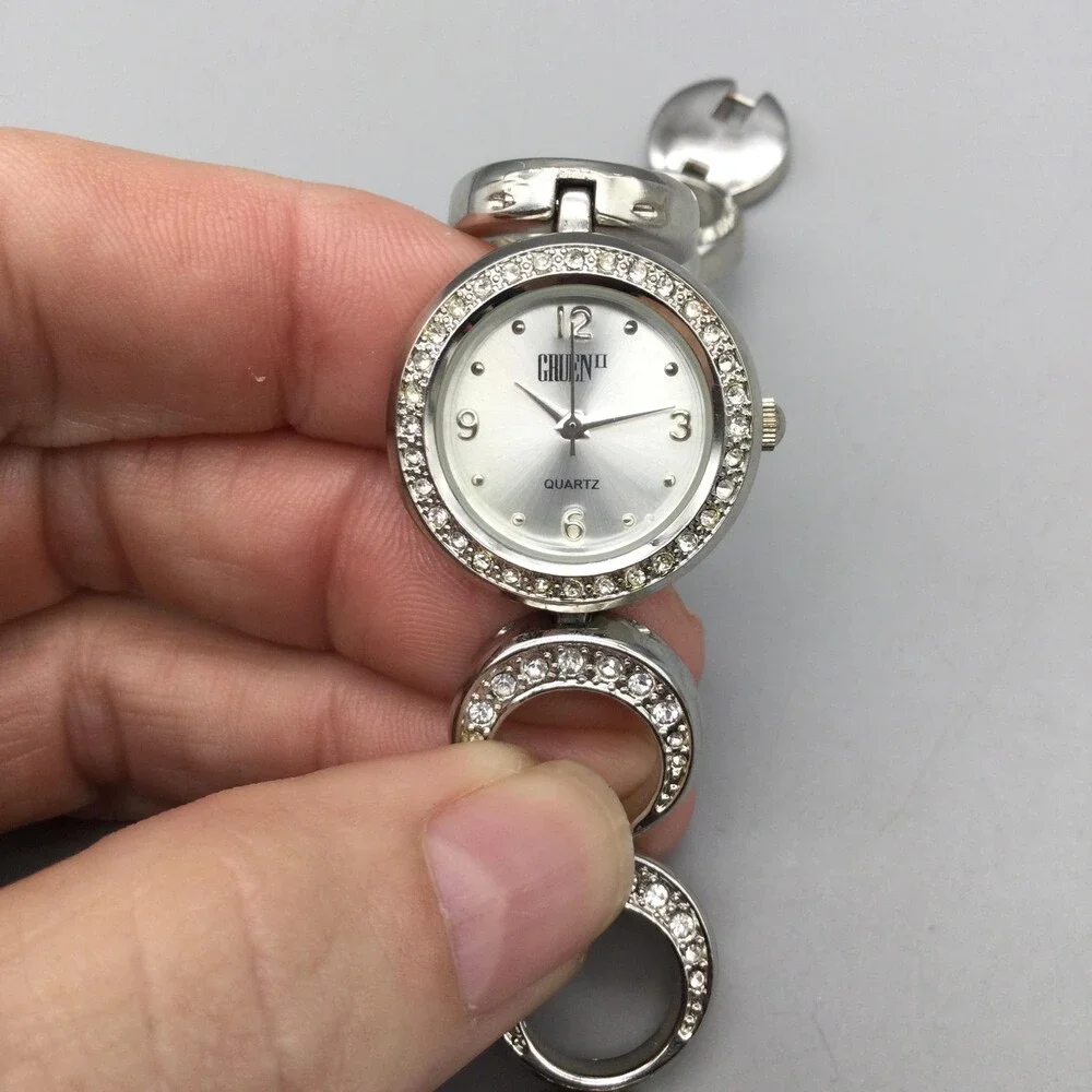 Gruen II Womens Watch 24mm Silver Dial Crystal Bezel GRF1501 Circle Link 6.75
